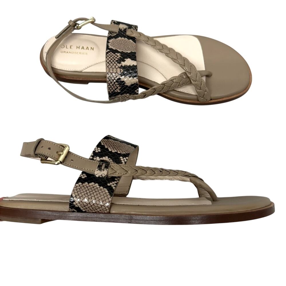 Cole Haan Grand Series Strappy Leather Sandals Women 8.5 Snake Print Cream Beach